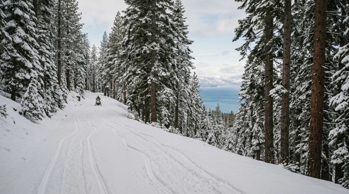 Snowmobile tracks on a forest road near Brockway Summit on the north shore, an area for Lake Tahoe snowmobiling