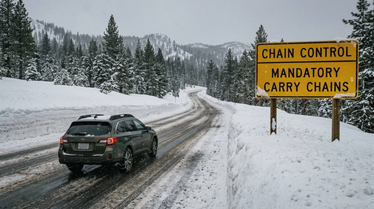 A chain control sign on Luther Pass on the drive to a Lake Tahoe snowmobile tour