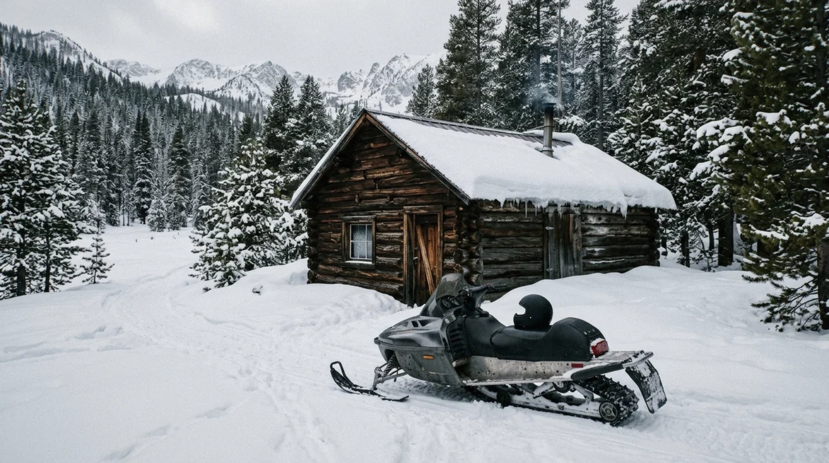 A parked snowmobile beside an old settler cabin on a Lake Tahoe snowmobile tour in Hope Valley