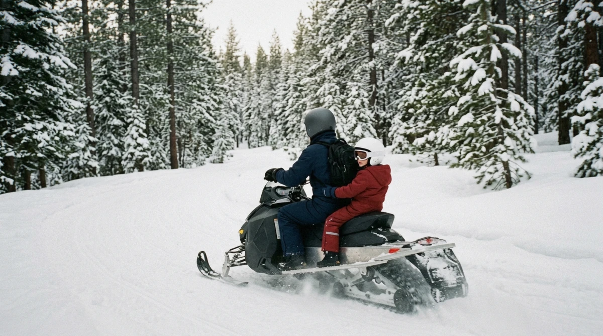 A driver and a child passenger on one snowmobile on a Lake Tahoe snowmobile tour