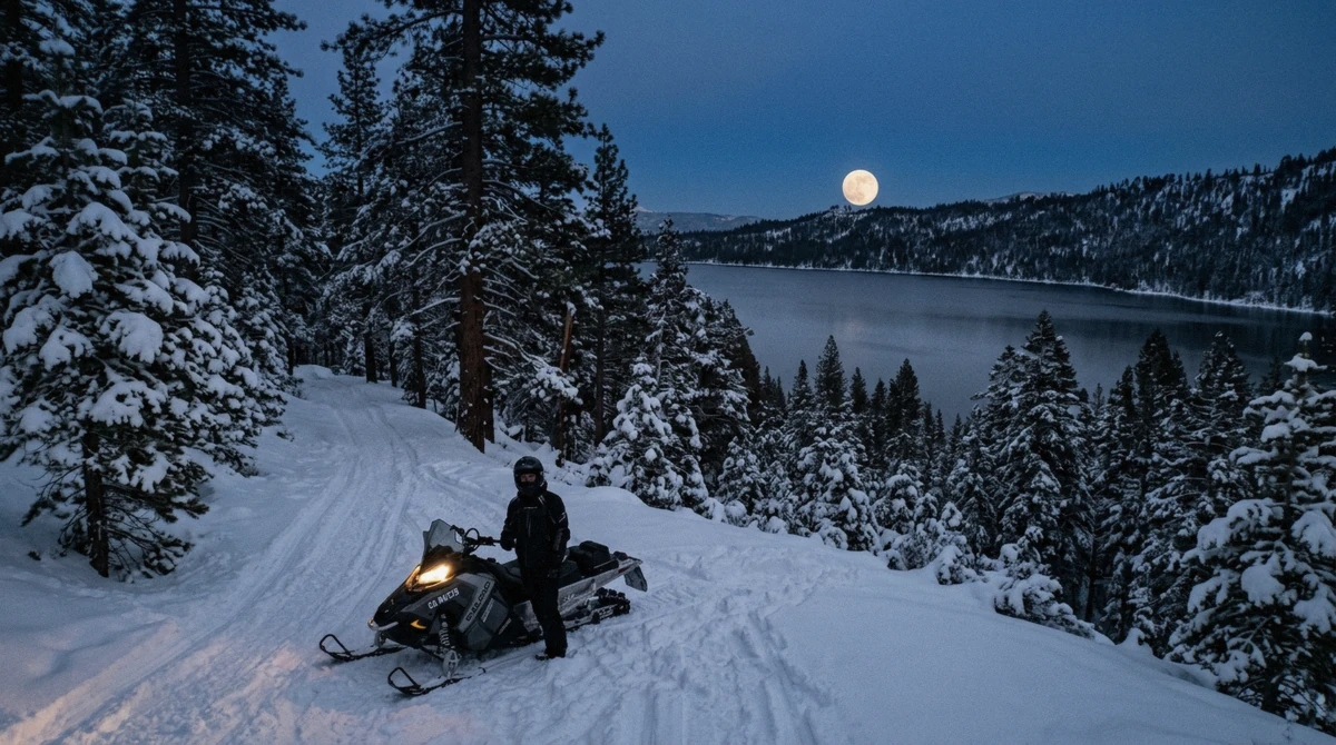 A snowmobile trail above the lake under a rising full moon on a Lake Tahoe snowmobile tour