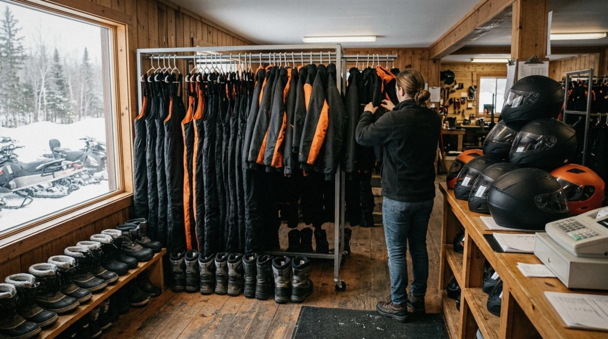Rental snow bibs, jackets and boots at the counter before a Lake Tahoe snowmobile tour