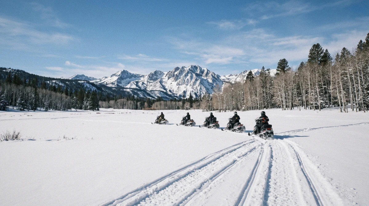 Guided snowmobiles crossing a snowy Hope Valley meadow on a Lake Tahoe snowmobile tour