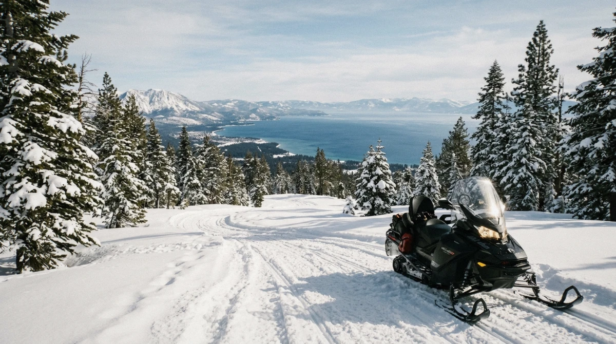 A parked snowmobile on a ridge above Lake Tahoe on a Lake Tahoe snowmobile tour from Zephyr Cove