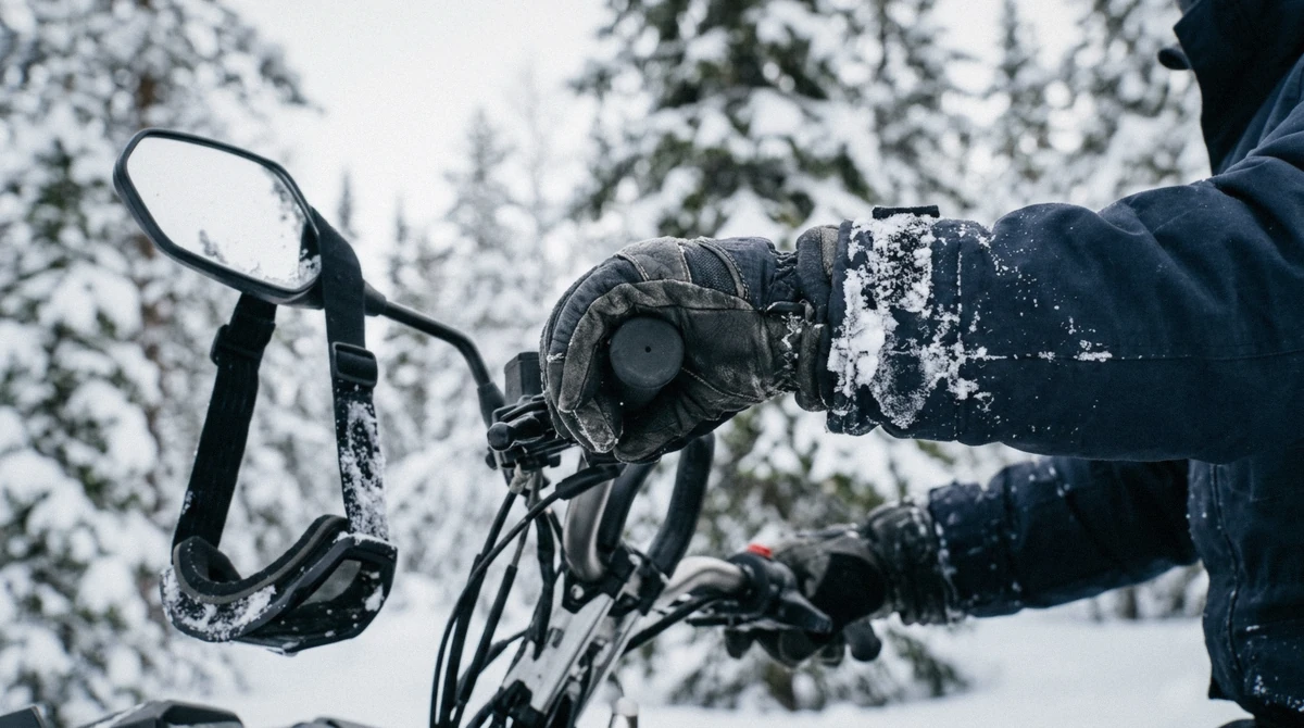 Gloved hands on a heated snowmobile handlebar on a Lake Tahoe snowmobile tour