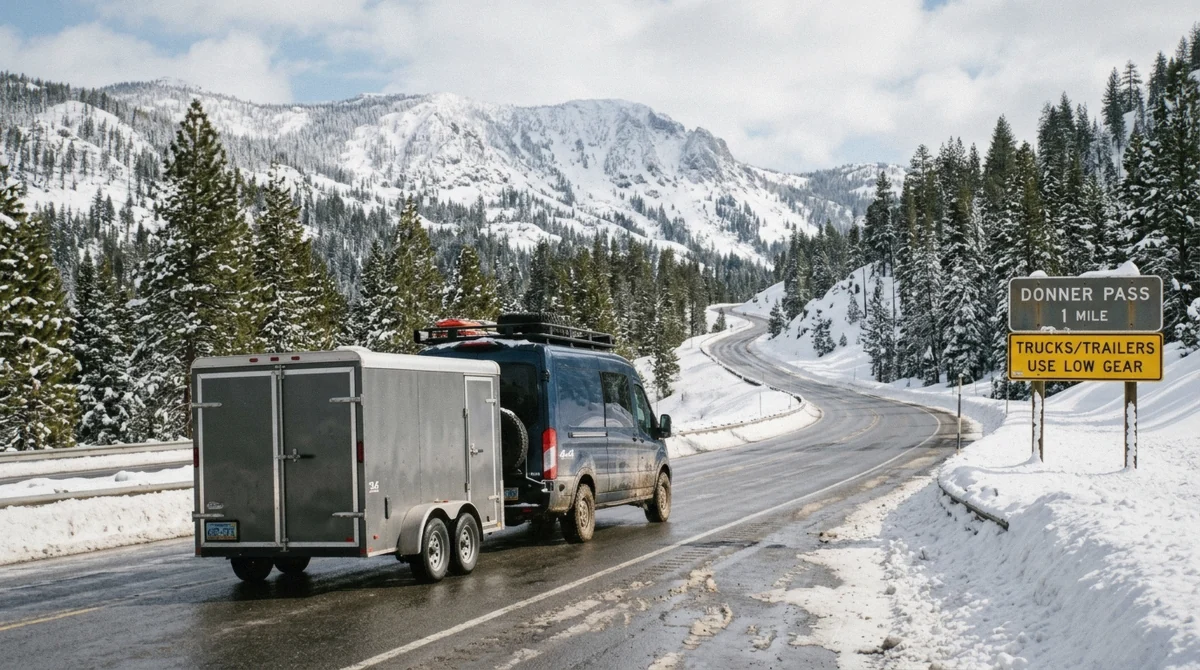 A tour van climbing a snowy highway west of Reno toward a Lake Tahoe snowmobile tour
