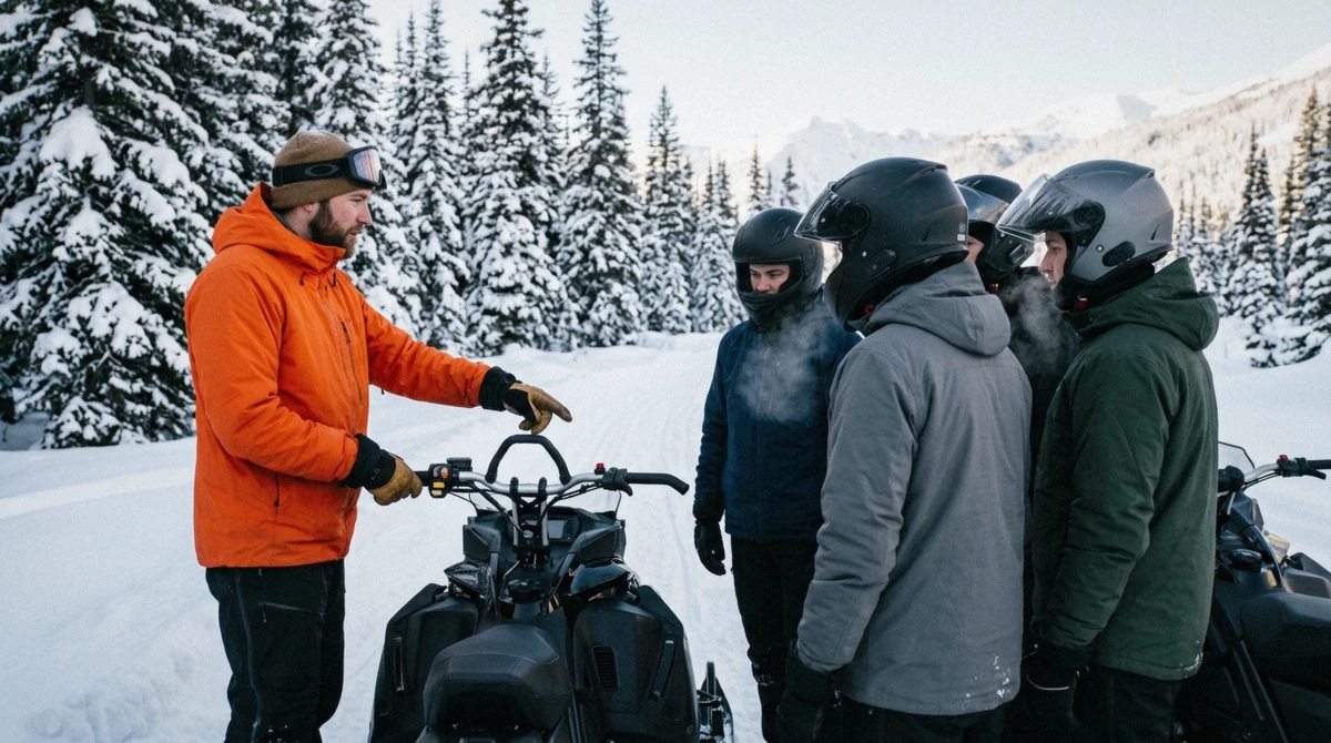 A guide explaining the throttle and brake before a Lake Tahoe snowmobile tour