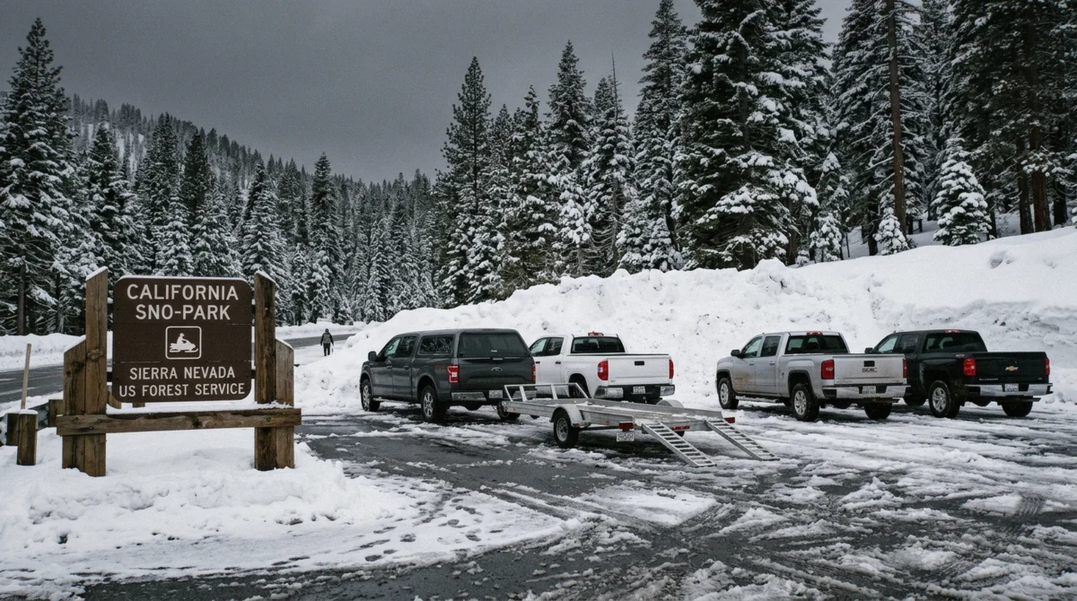 A plowed Sno-Park parking lot in the Sierra used for Lake Tahoe snowmobiling