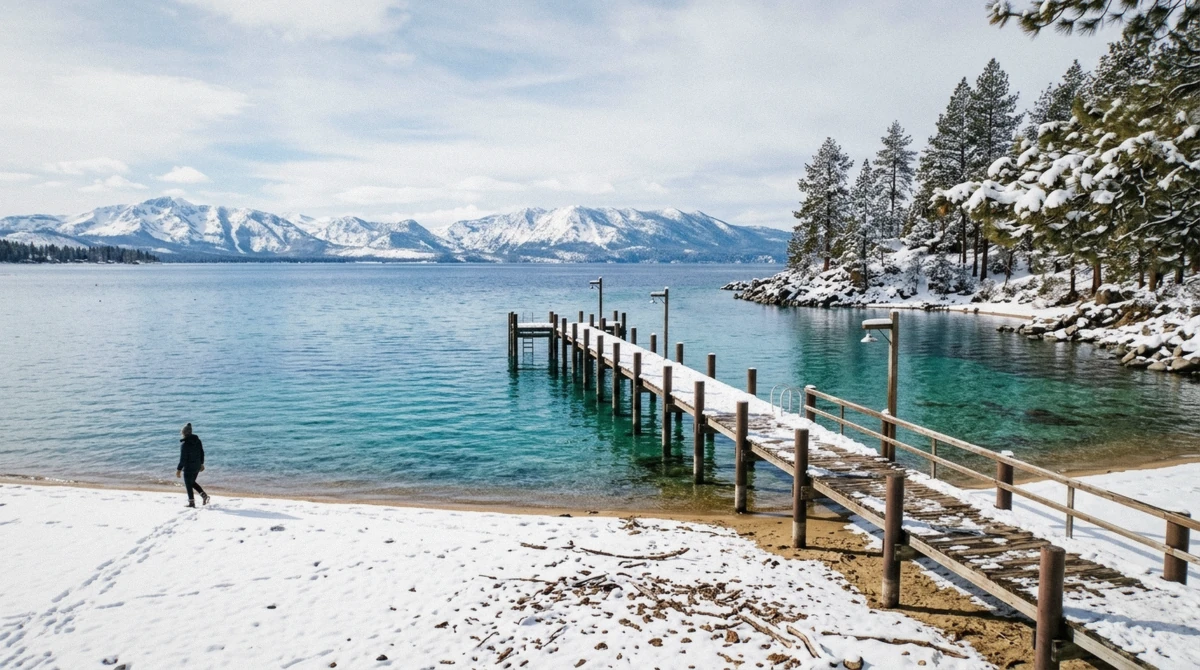 Zephyr Cove beach and pier in winter, the check-in for a Lake Tahoe snowmobile tour